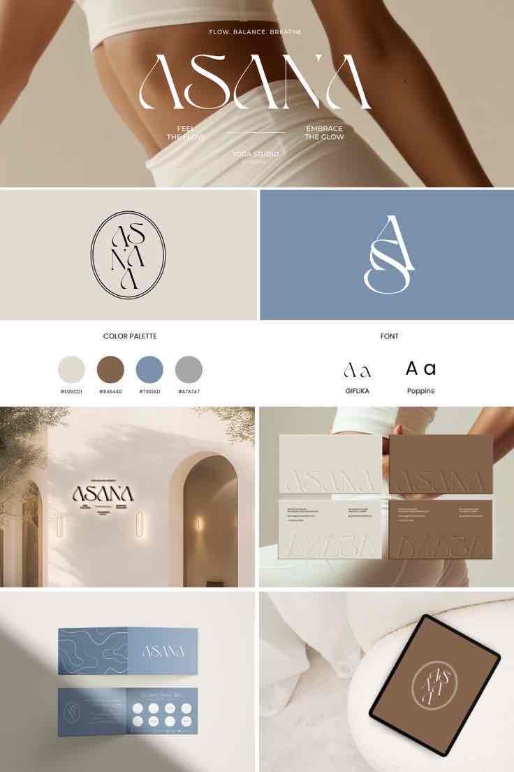 ASANA Wellness — Un univers wellness aux teintes beige, marron et bleue, avec un logo géométrique.