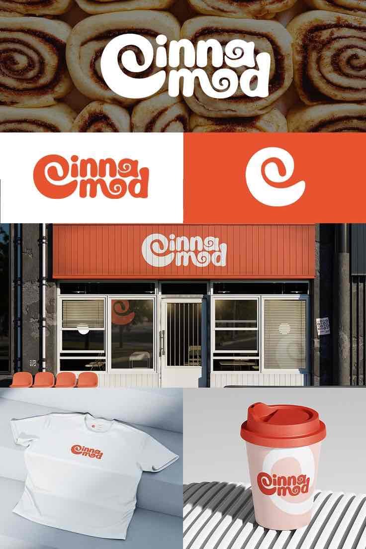 Cinna Mod Bakery — Une identité rétro de boulangerie : orange vif, devanture et packaging gourmand.