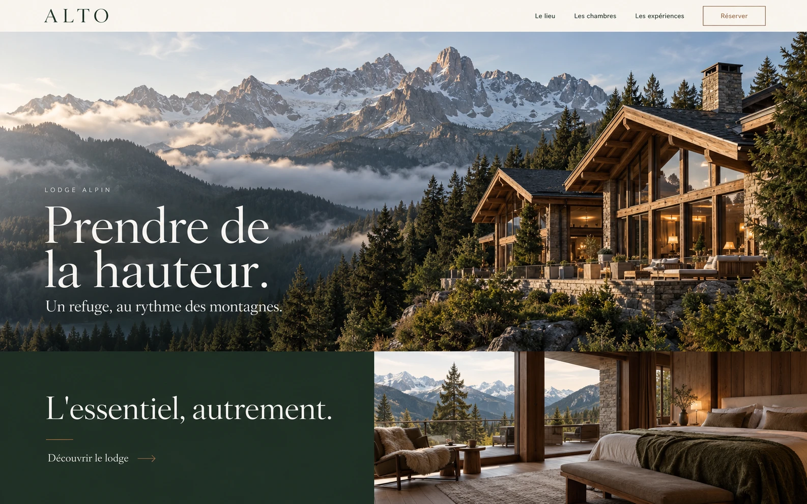 Interface web ALTO à plat, photographie de montagne et navigation de l’hôtel