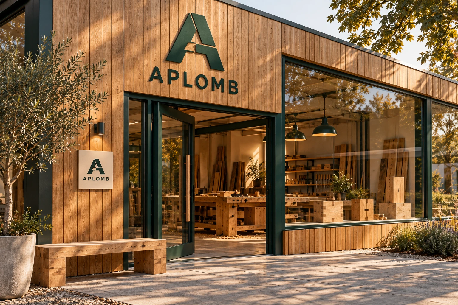 Atelier de menuiserie illustratif avec vitrine et identité conceptuelle APLOMB