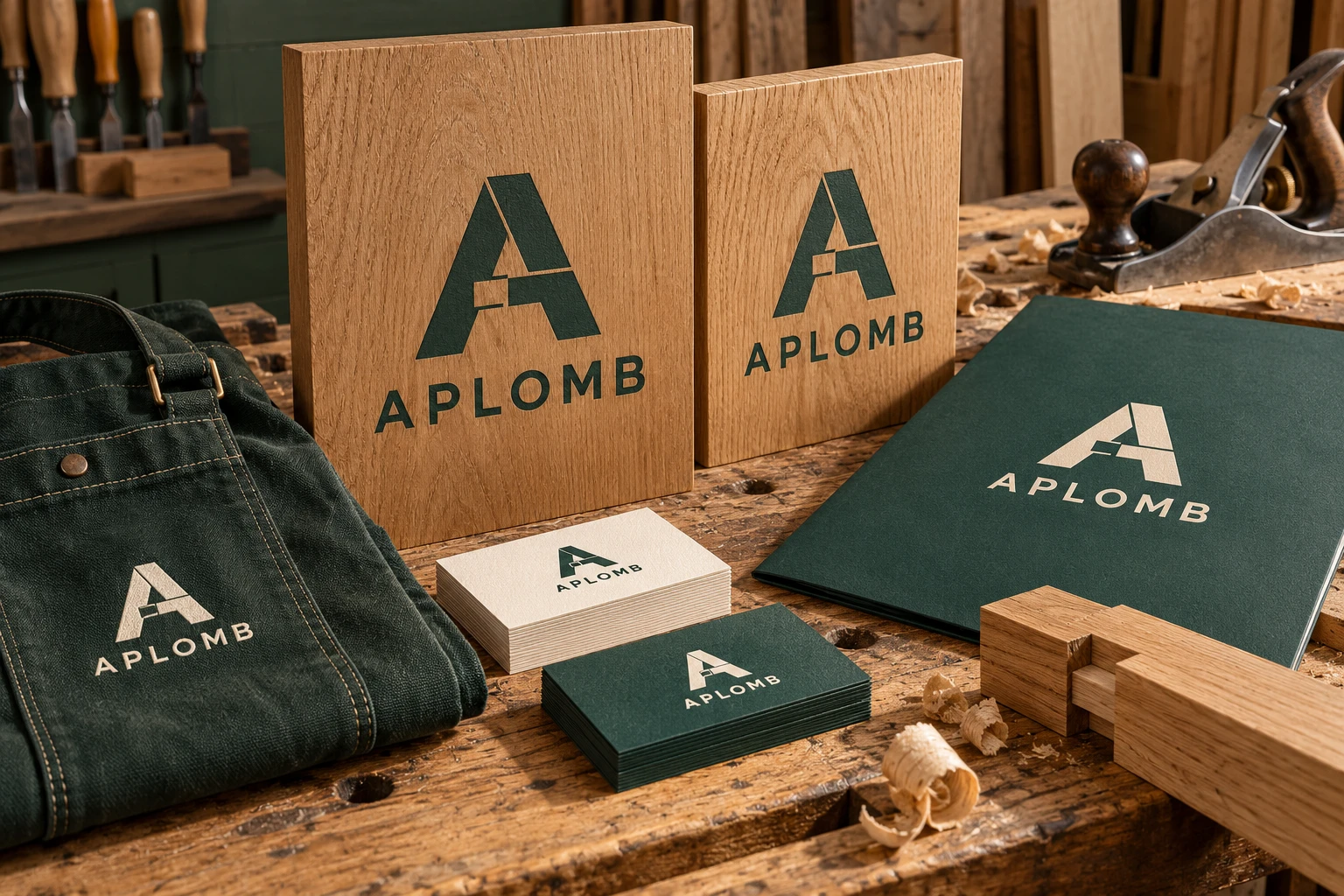 Identité conceptuelle APLOMB : monogramme de menuiserie, échantillons de chêne, cartes et tablier
