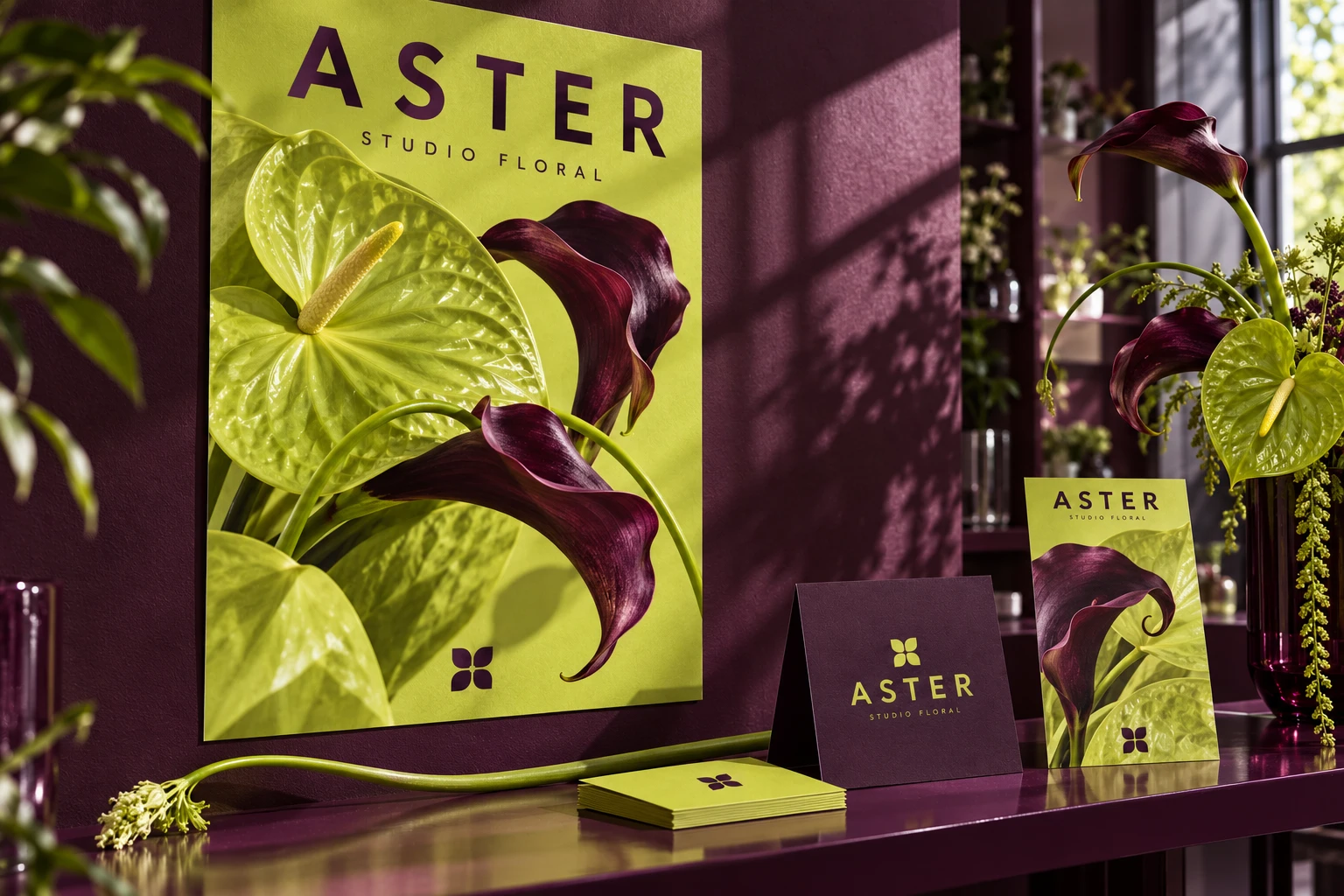 Affiche et papeterie ASTER avec photographie florale assortie