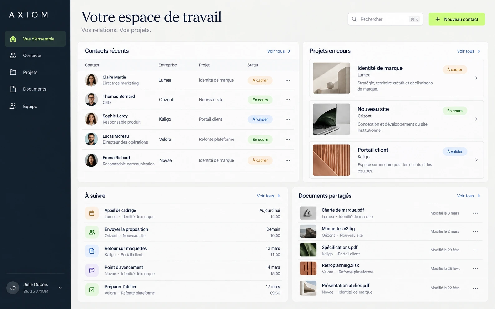 Maquette à plat du CRM AXIOM avec projets, contacts et actions
