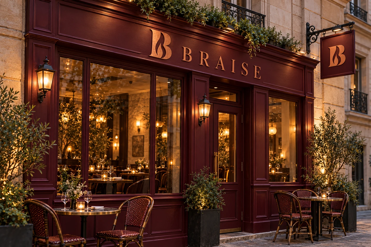 Devanture conceptuelle du restaurant BRAISE avec enseigne et identité assorties