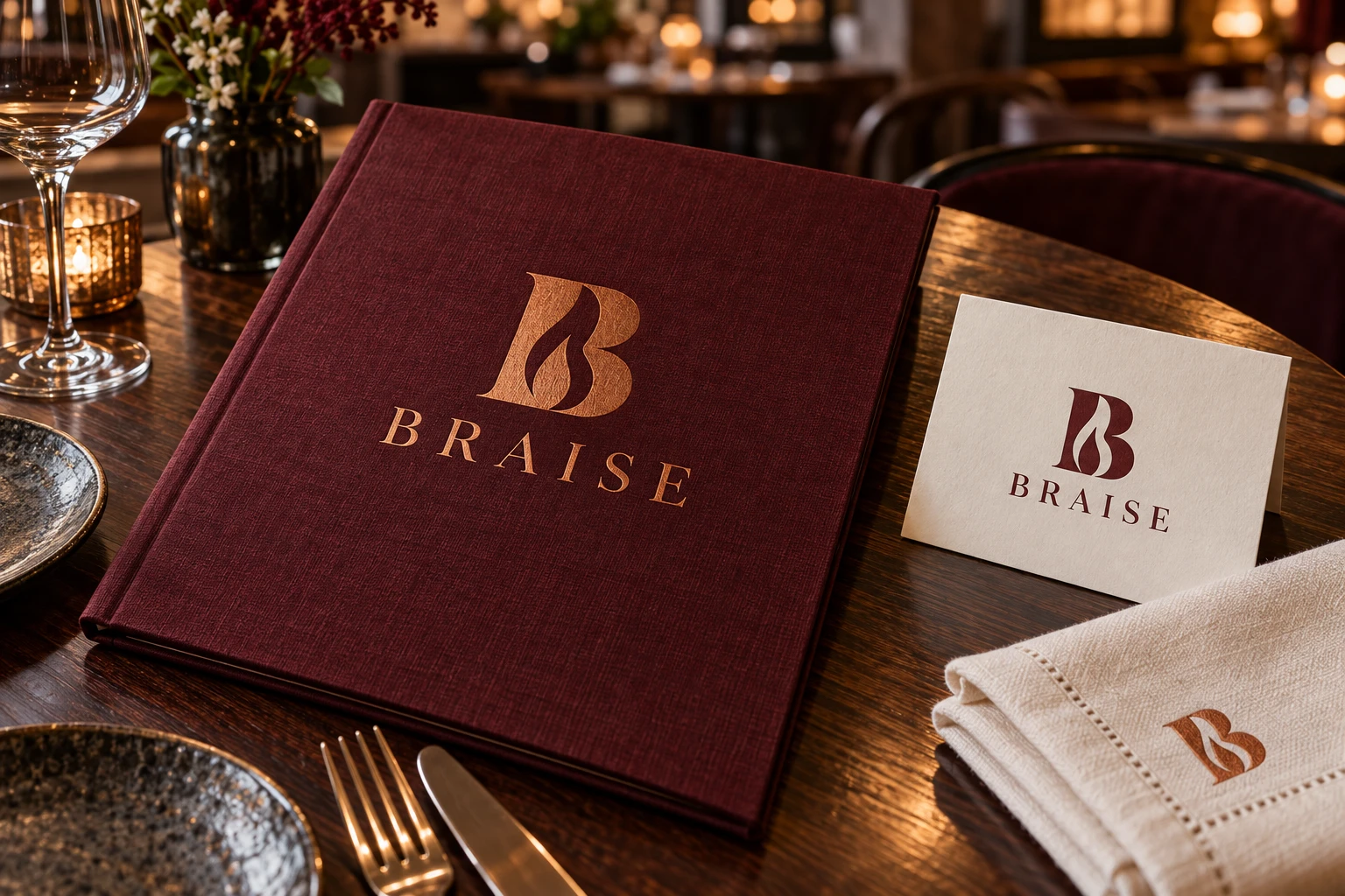 Identité conceptuelle BRAISE : logo, menu et cartes bordeaux et cuivre sur une table de restaurant