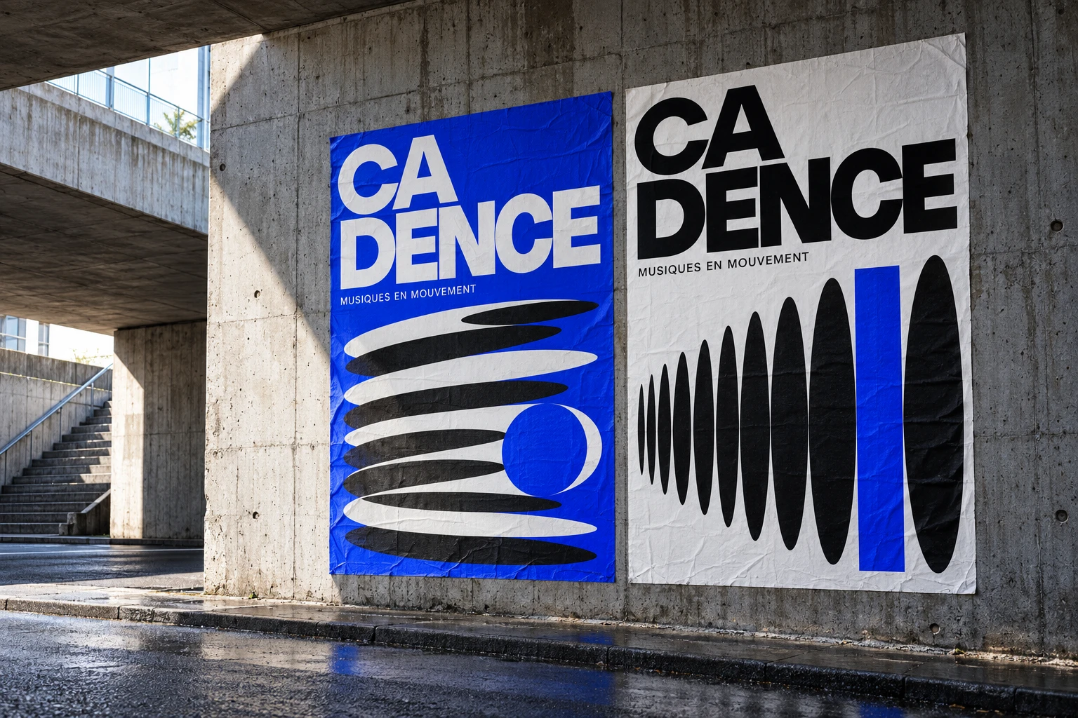Campagne conceptuelle CADENCE, affiches bleues dans une scène urbaine en béton