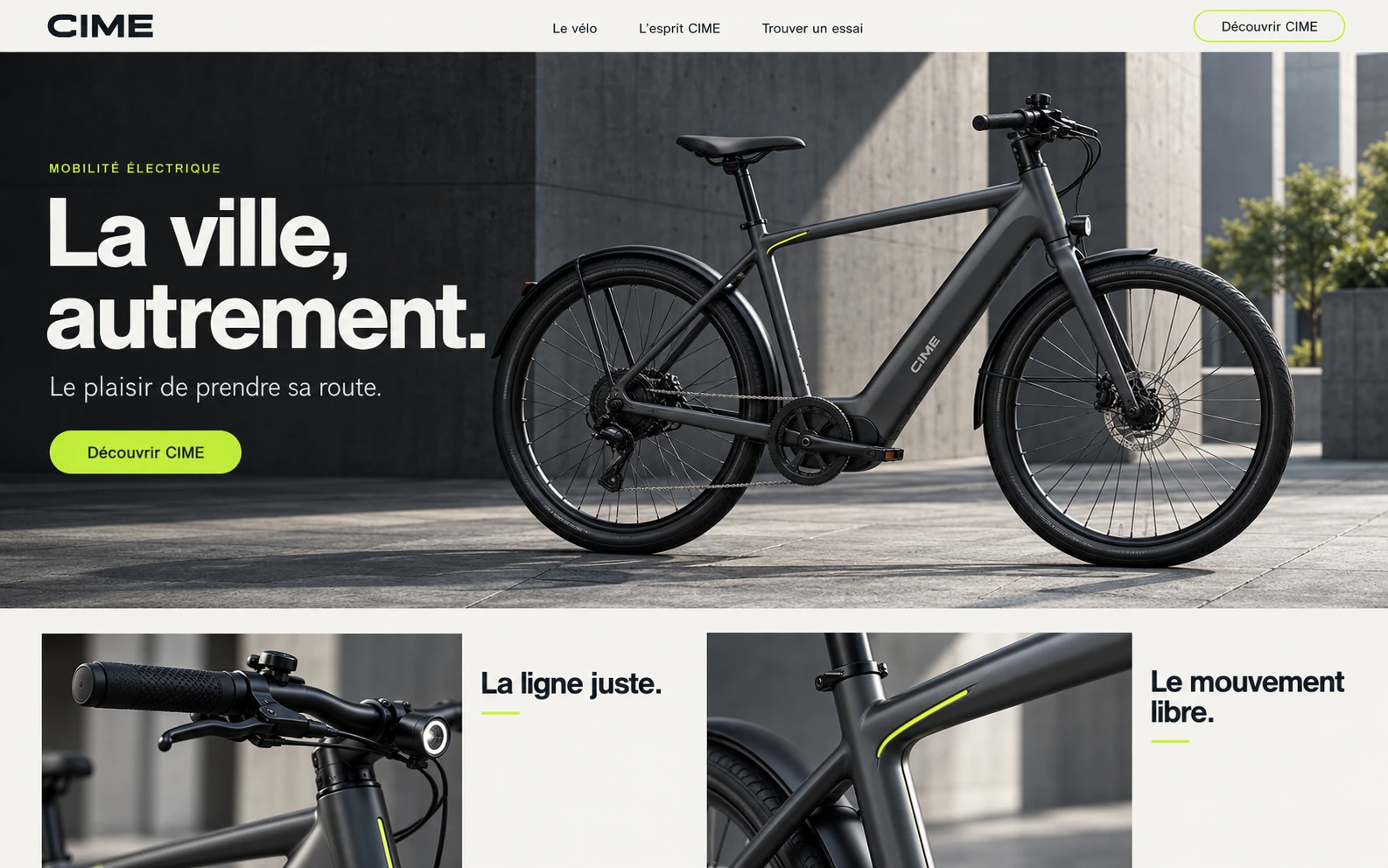 Maquette web CIME à plat avec photographie de vélo urbain