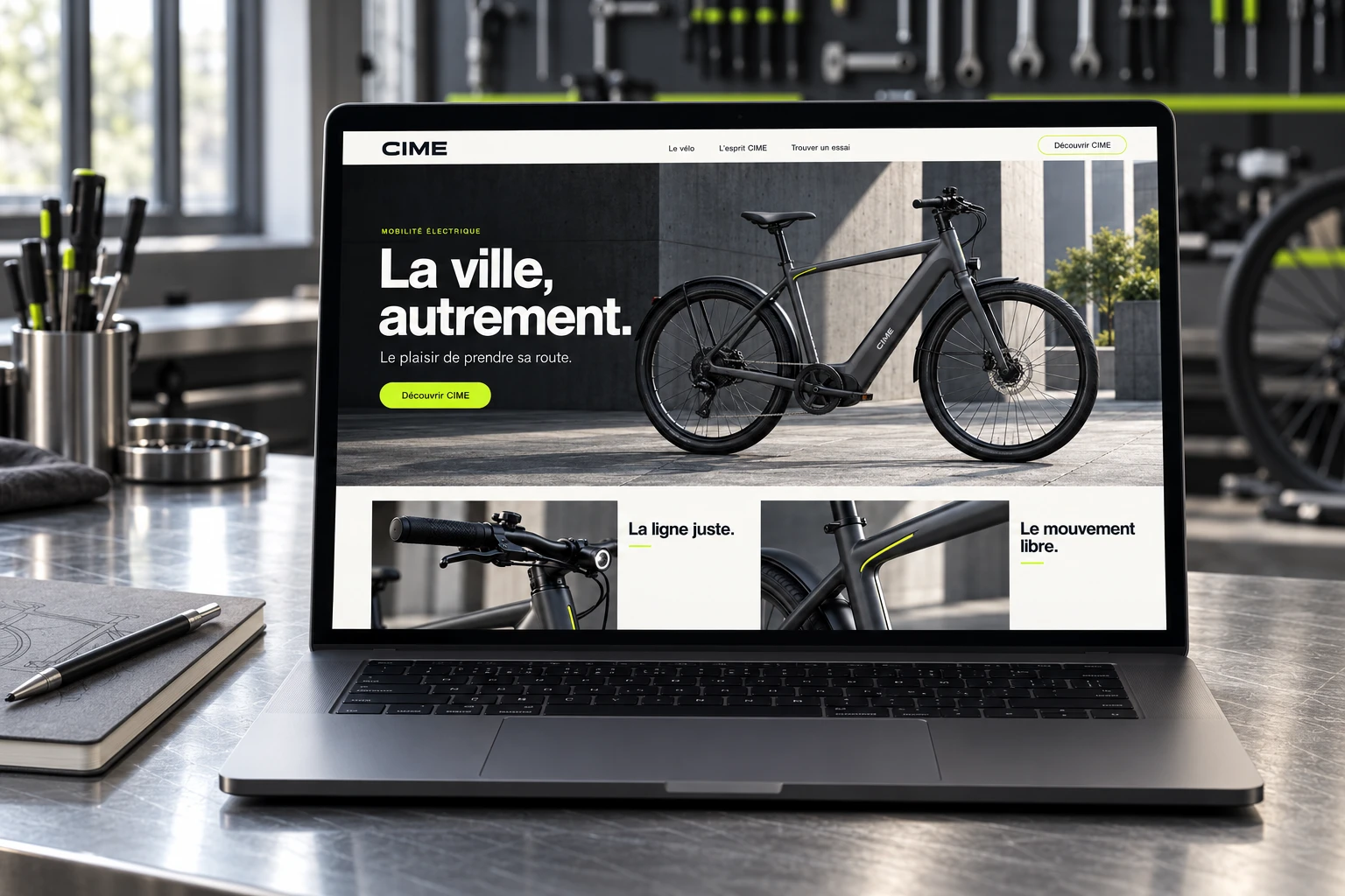 Site produit conceptuel CIME sur ordinateur, vélo électrique et design vert acide