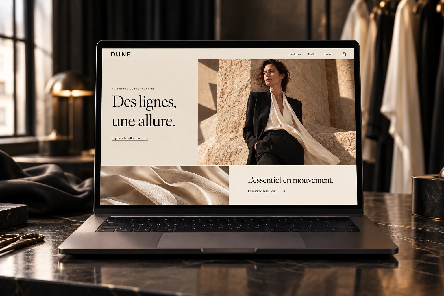 Boutique conceptuelle DUNE sur ordinateur, mode contemporaine et photographie éditoriale