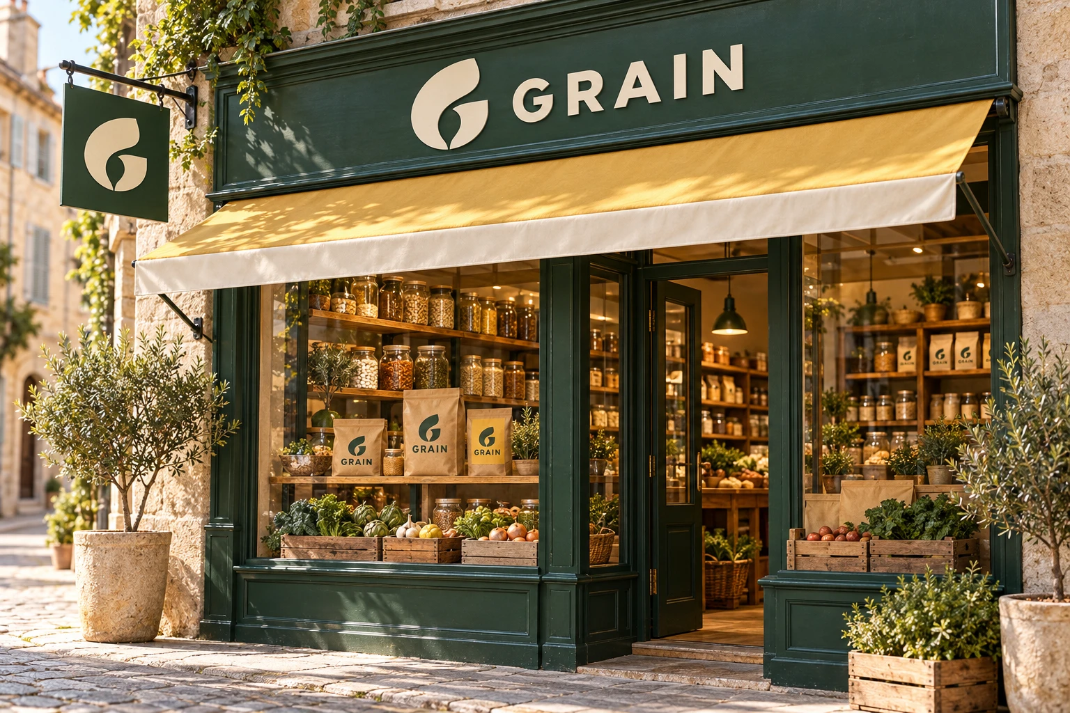 Devanture illustrative d’épicerie locale avec identité conceptuelle GRAIN