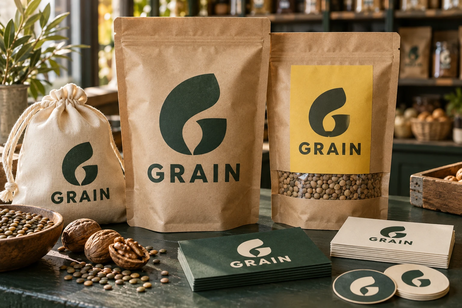 Logo et identité conceptuelle GRAIN sur sachets kraft, étiquettes et cartes d’épicerie