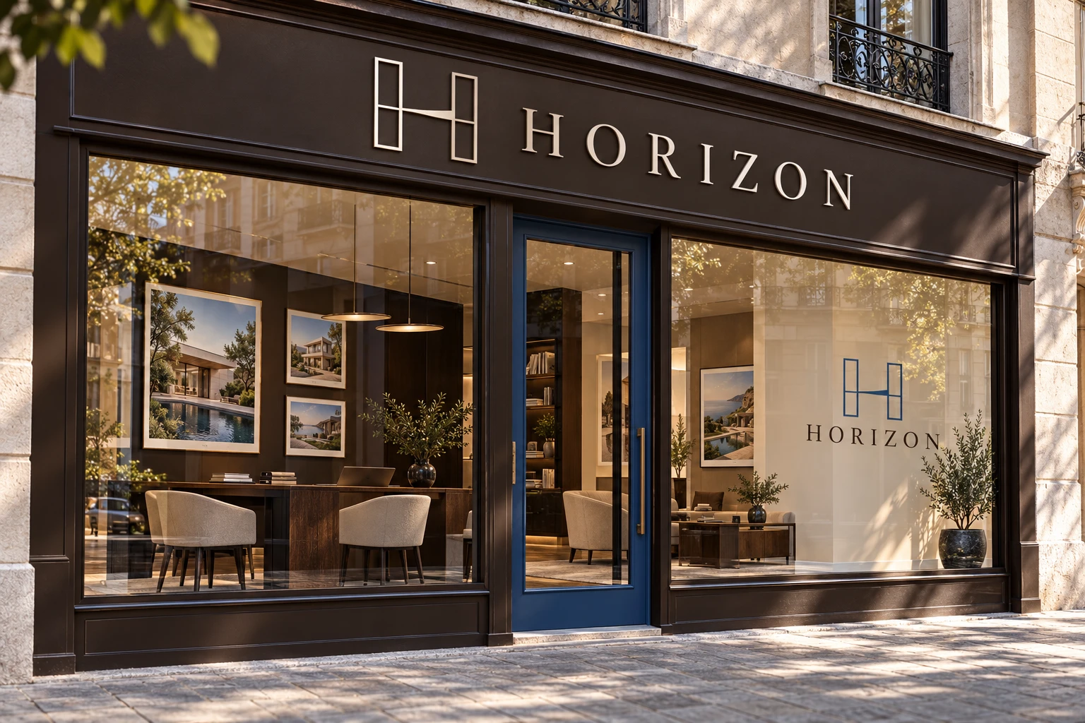 Agence immobilière illustrative avec vitrine et identité conceptuelle HORIZON