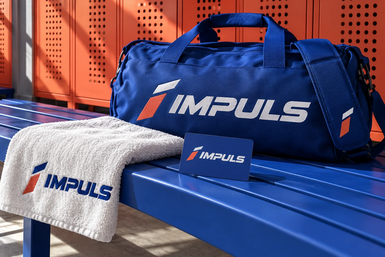 Identité conceptuelle IMPULS : logo sportif cobalt et corail sur carte, sac et serviette