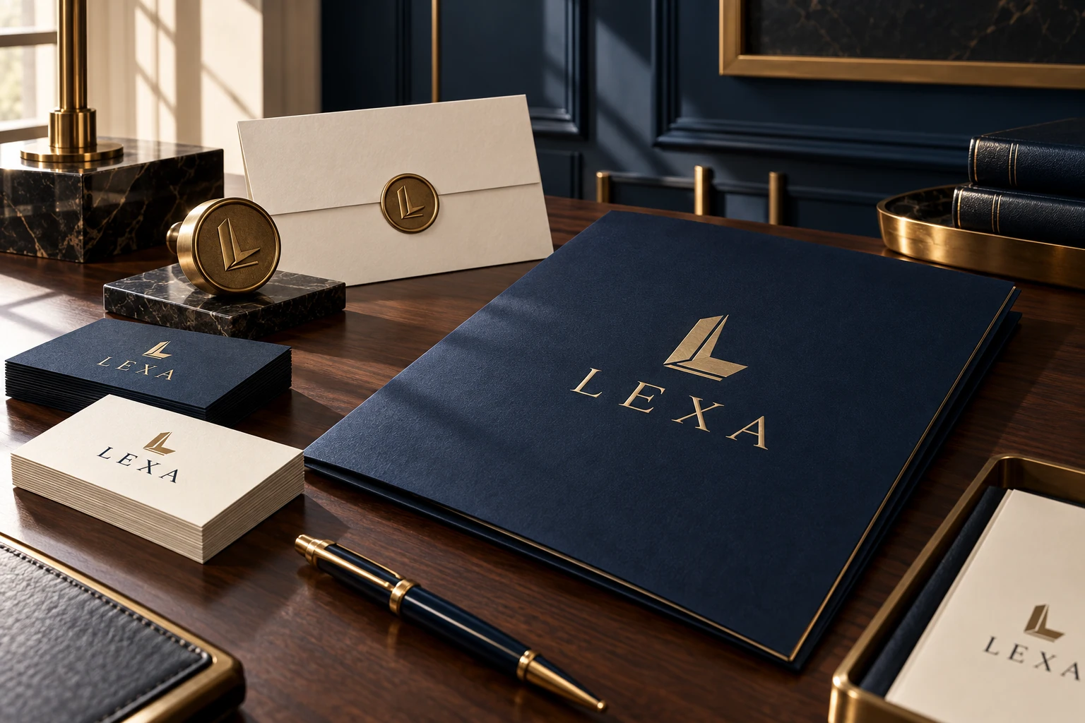 Identité conceptuelle LEXA : logo de conseil juridique, dossiers, cartes et gaufrage sur papier ivoire