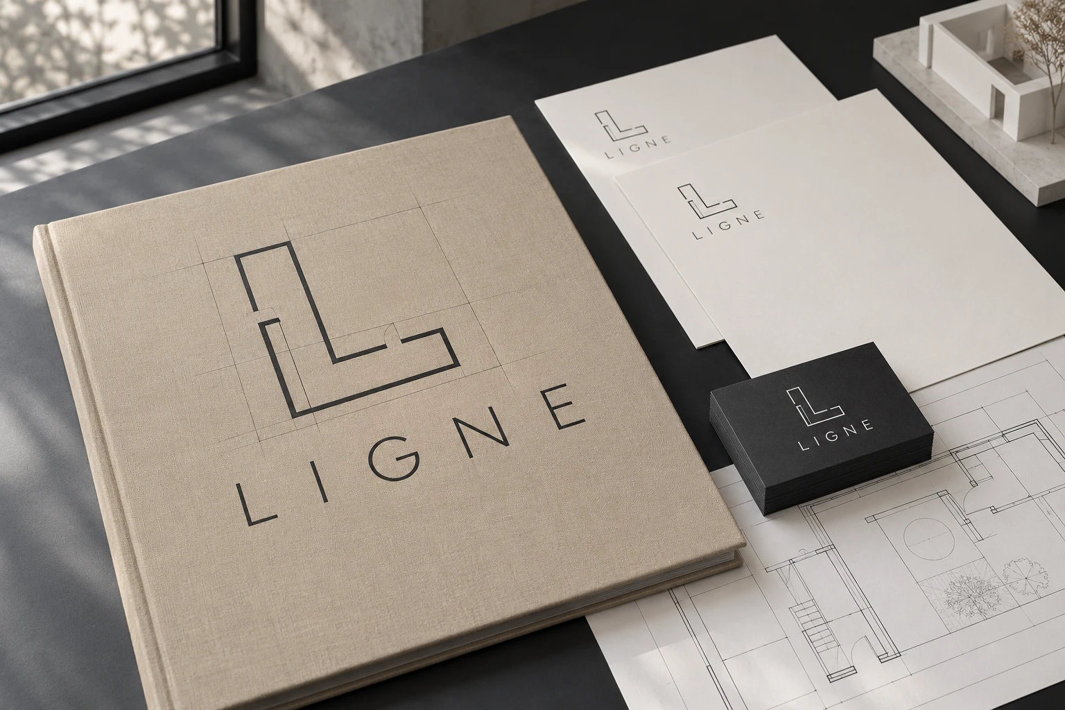 Identité conceptuelle LIGNE : logo architectural et papeterie charbon et sable