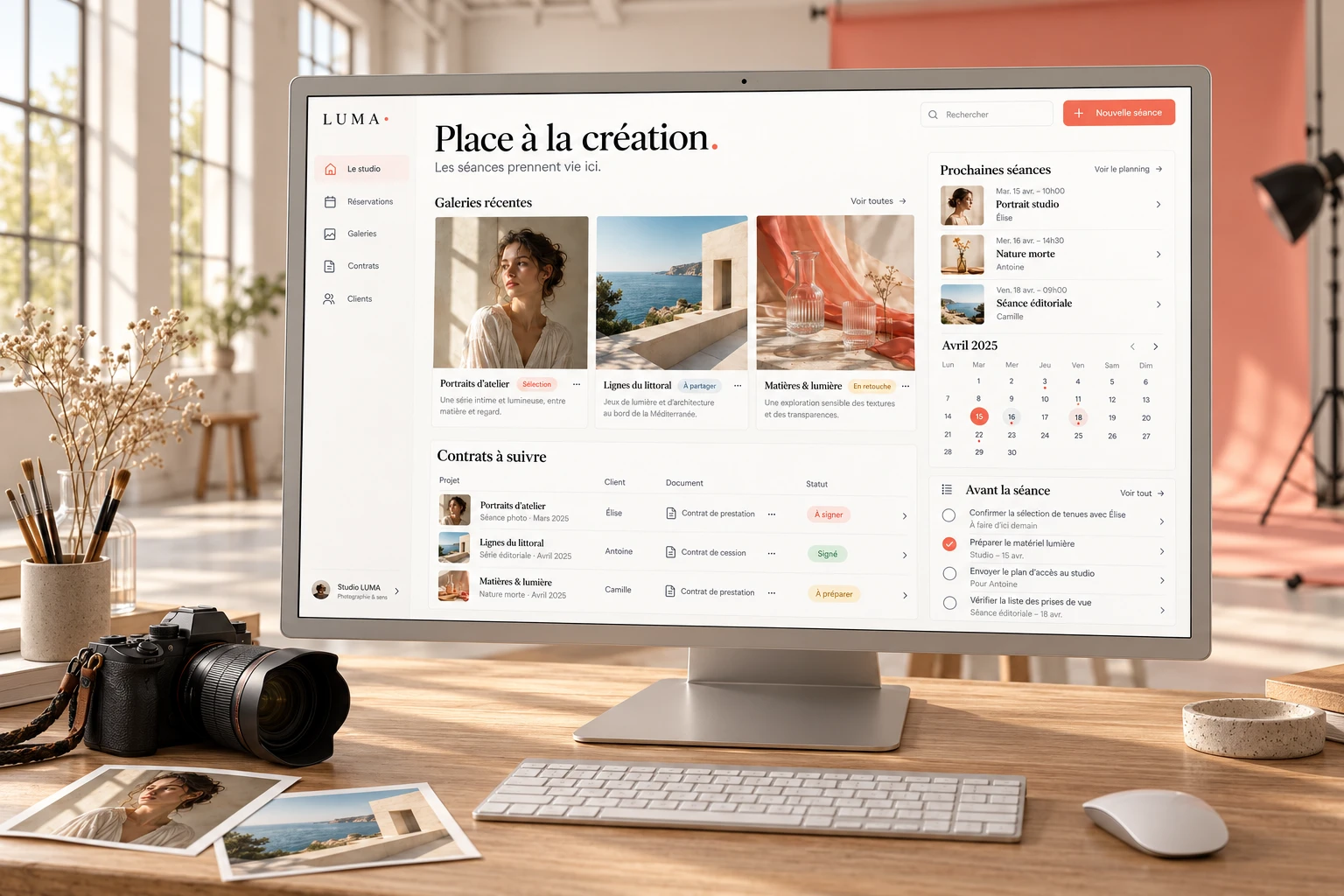 Plateforme conceptuelle LUMA présentée sur appareil, gestion de studio photo