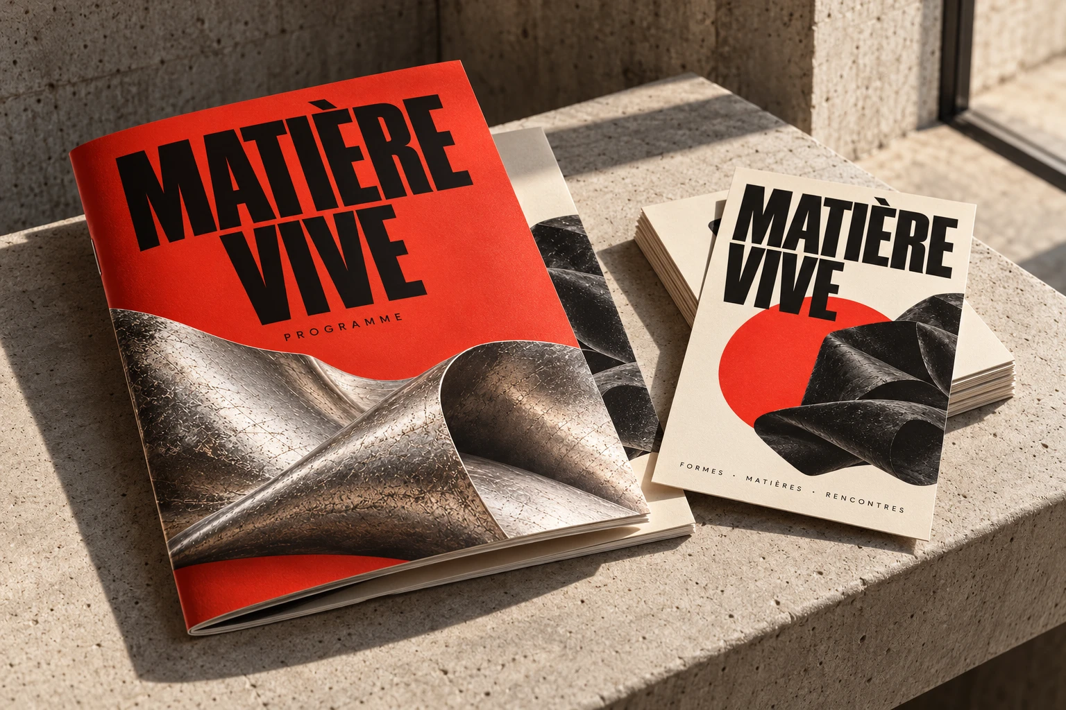 Programme et flyers MATIÈRE VIVE photographiés, déclinaisons de campagne culturelle