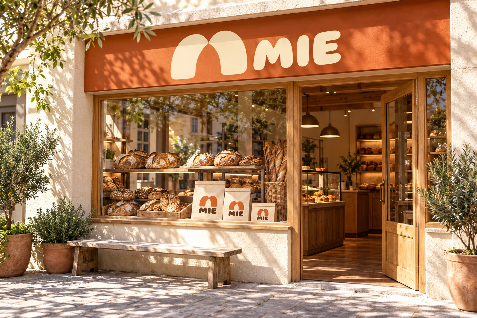Devanture illustrative de boulangerie portant l’identité conceptuelle MIE