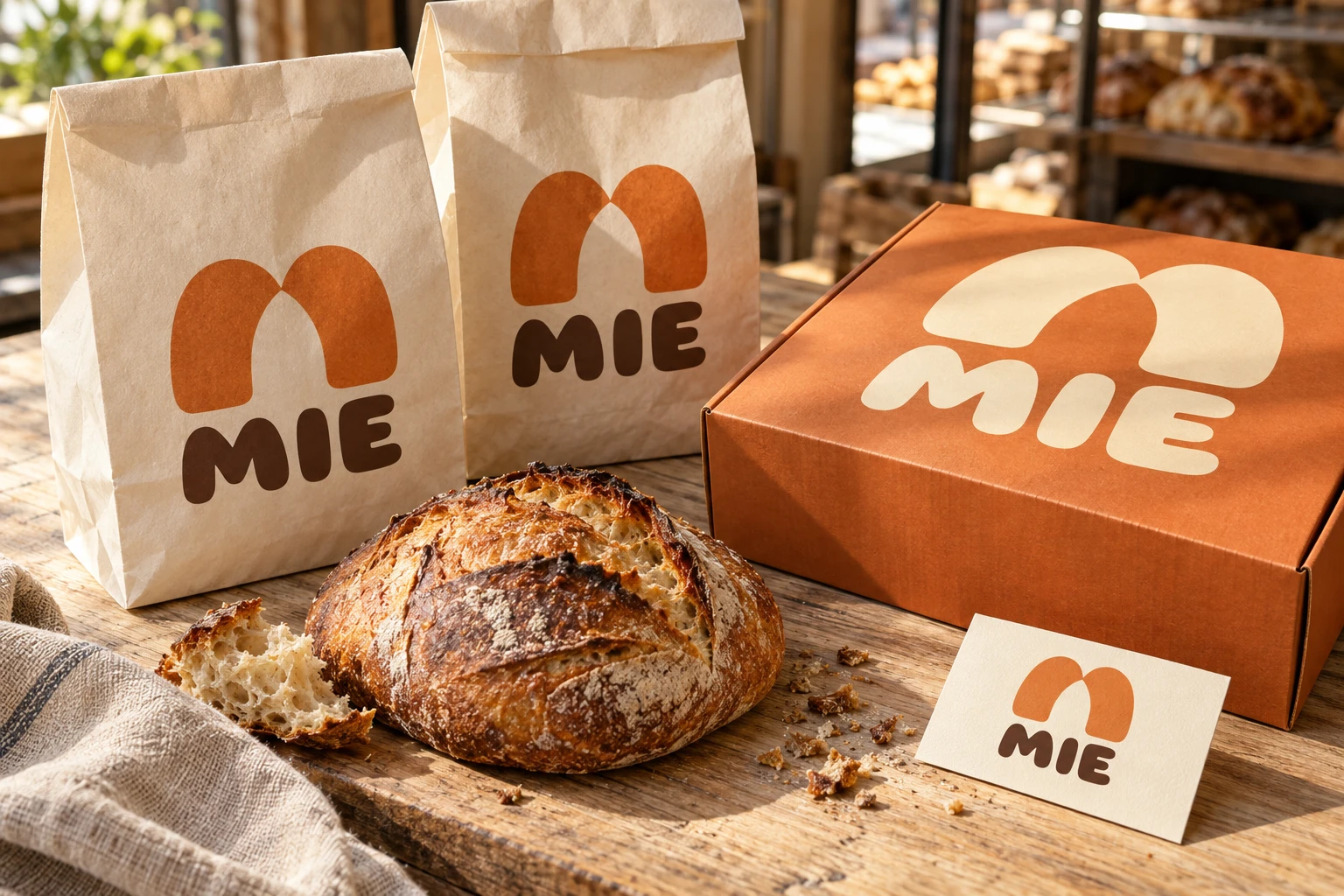 Logo conceptuel MIE et emballages de boulangerie brun, orange et crème autour de pains artisanaux