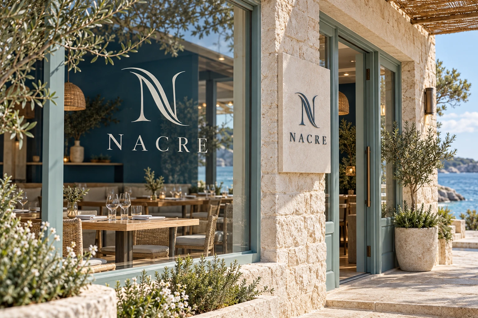 Application illustrative de l’identité NACRE sur façade ou signalétique de restaurant