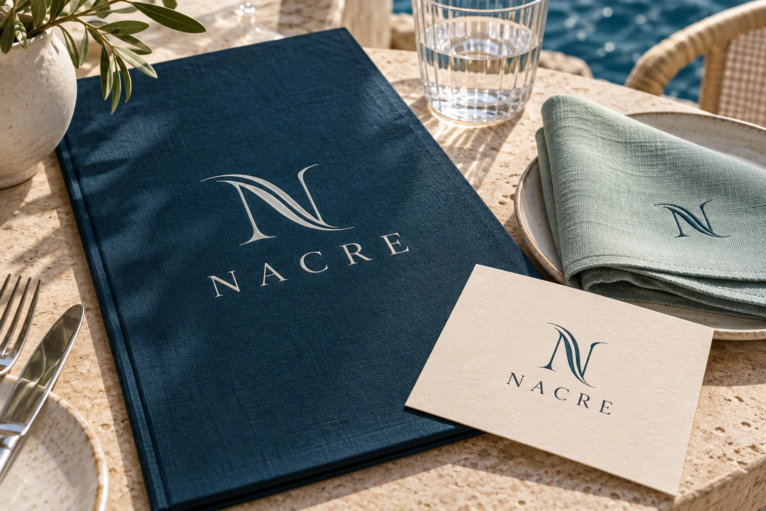 Identité conceptuelle NACRE : logo, menu et carte de restaurant de la mer en bleu et vert d’eau