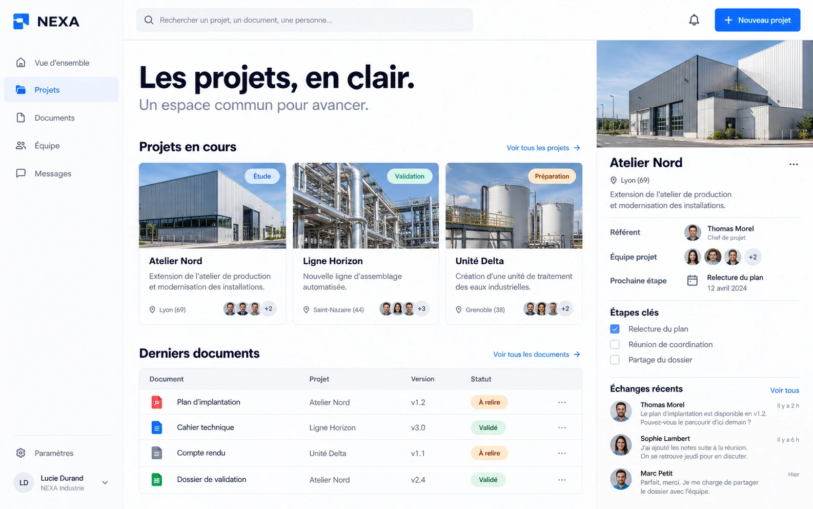 Interface NEXA à plat, projets, documents et navigation métier