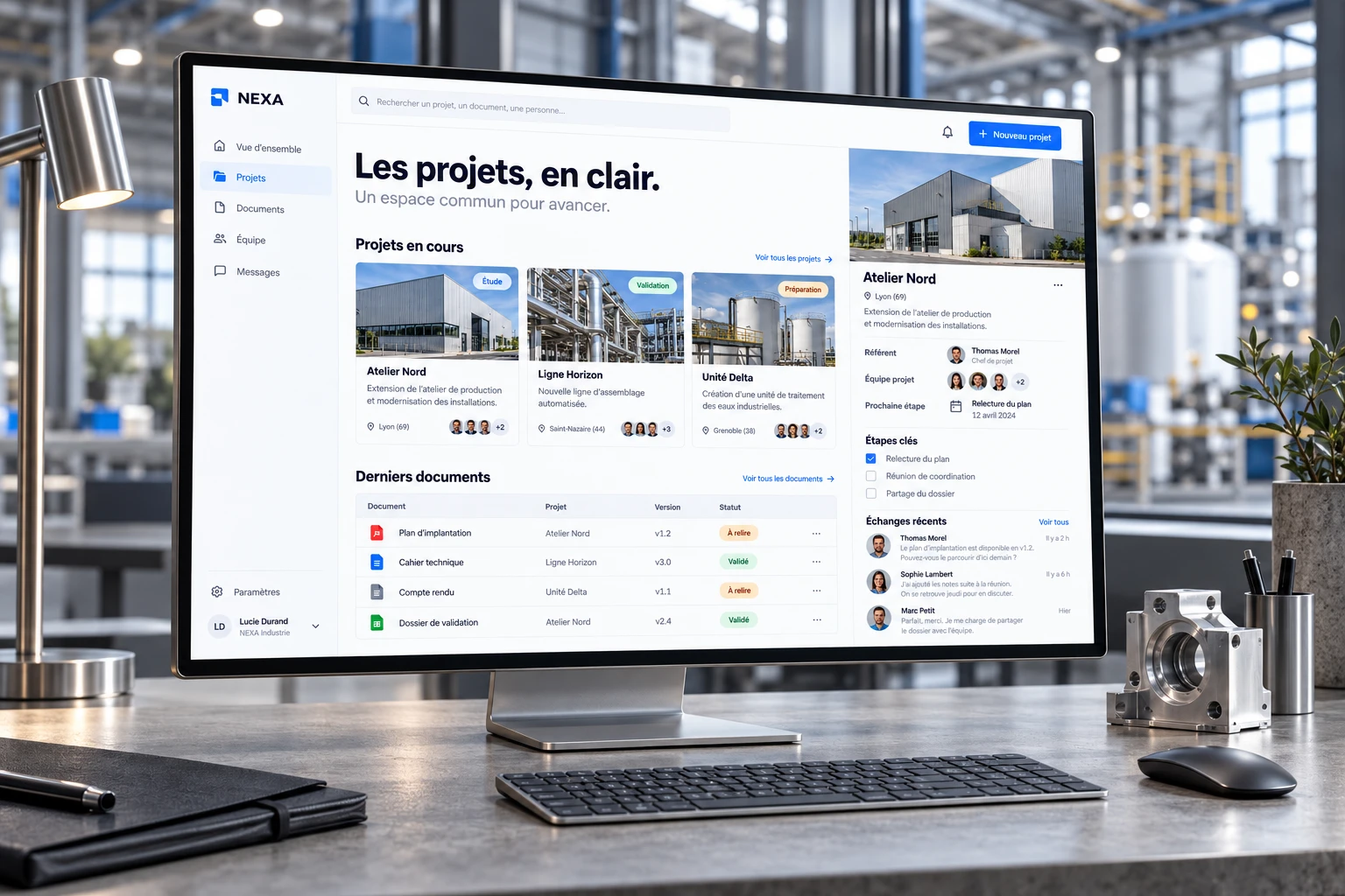 Portail conceptuel NEXA présenté sur écran, suivi de projets industriels