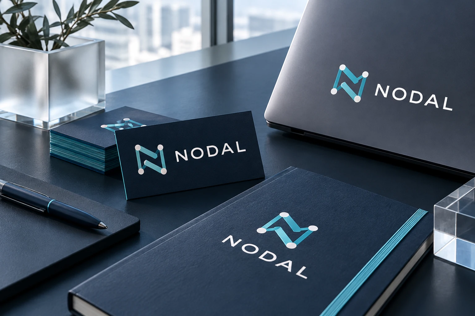 Logo et identité conceptuelle NODAL pour entreprise informatique, papeterie et marquage d’appareil