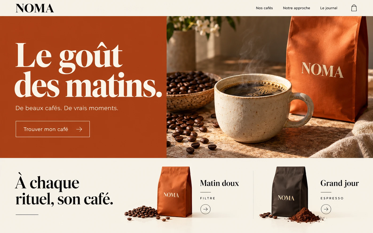 Interface NOMA à plat, boutique de café et photographie de produit