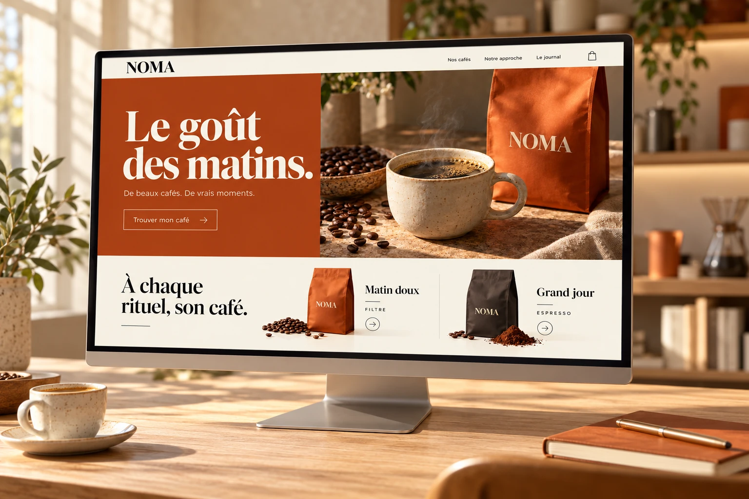 Boutique conceptuelle NOMA sur écran, café de spécialité et palette orange brûlé