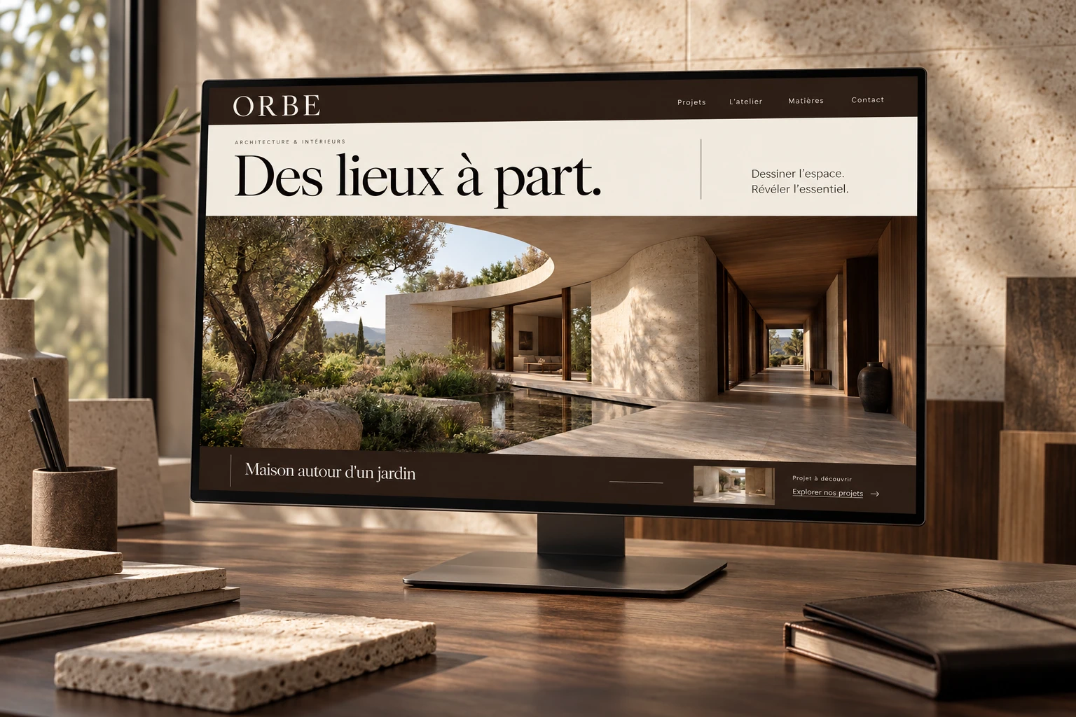 Site conceptuel ORBE sur écran dans un décor architectural raffiné