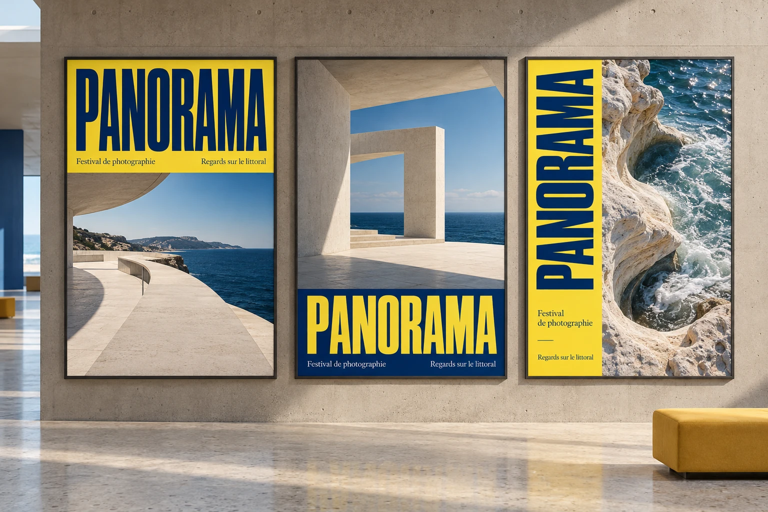 Affiches conceptuelles PANORAMA dans une galerie, photographie littorale et accents jaunes