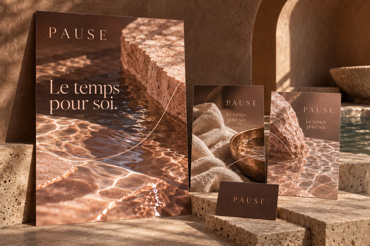 Campagne conceptuelle PAUSE, affiche, flyers et carte dans un décor minéral