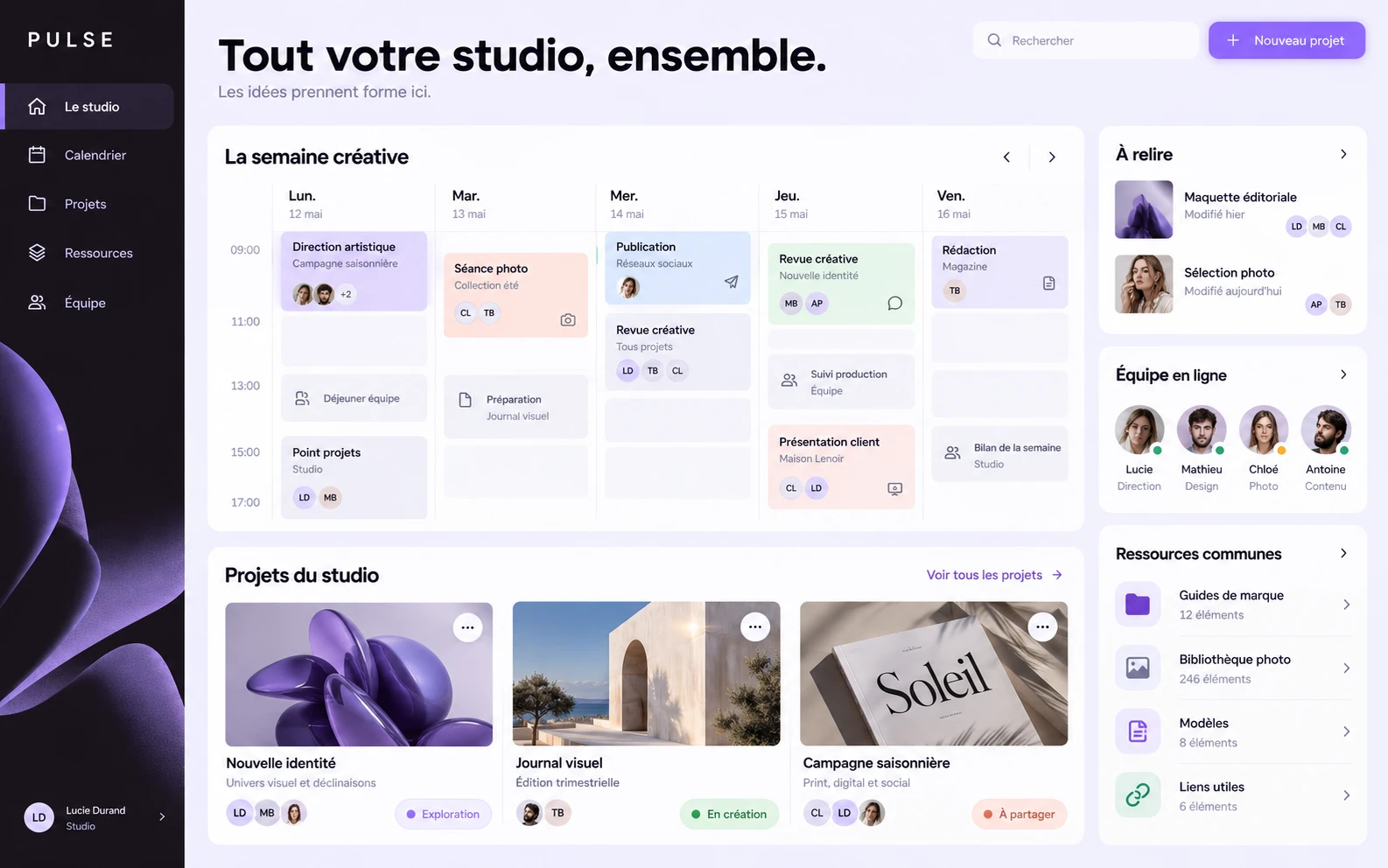 Interface PULSE à plat avec projets et calendrier éditorial