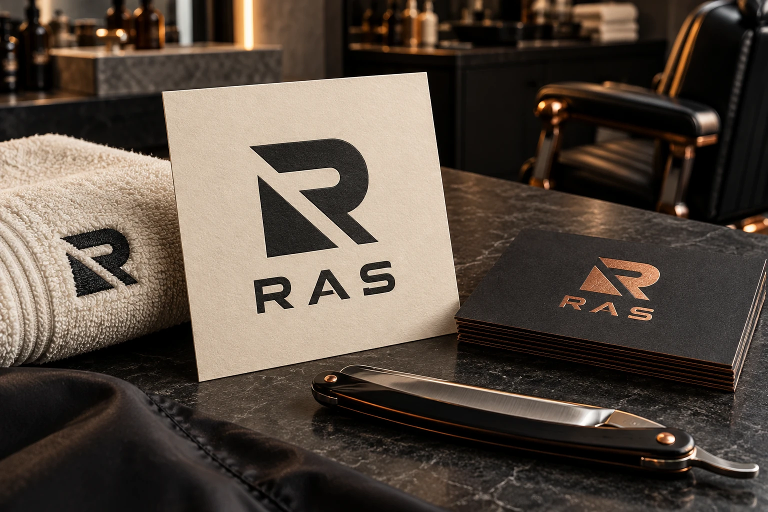 Identité conceptuelle RAS : logo de barbier sur cartes, textile et outils de coiffure