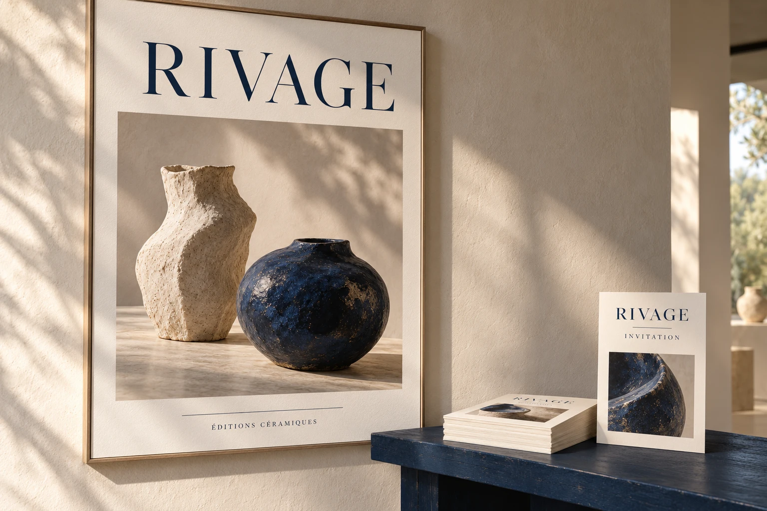Affiche et invitation RIVAGE avec photographie de céramiques et typographie éditoriale