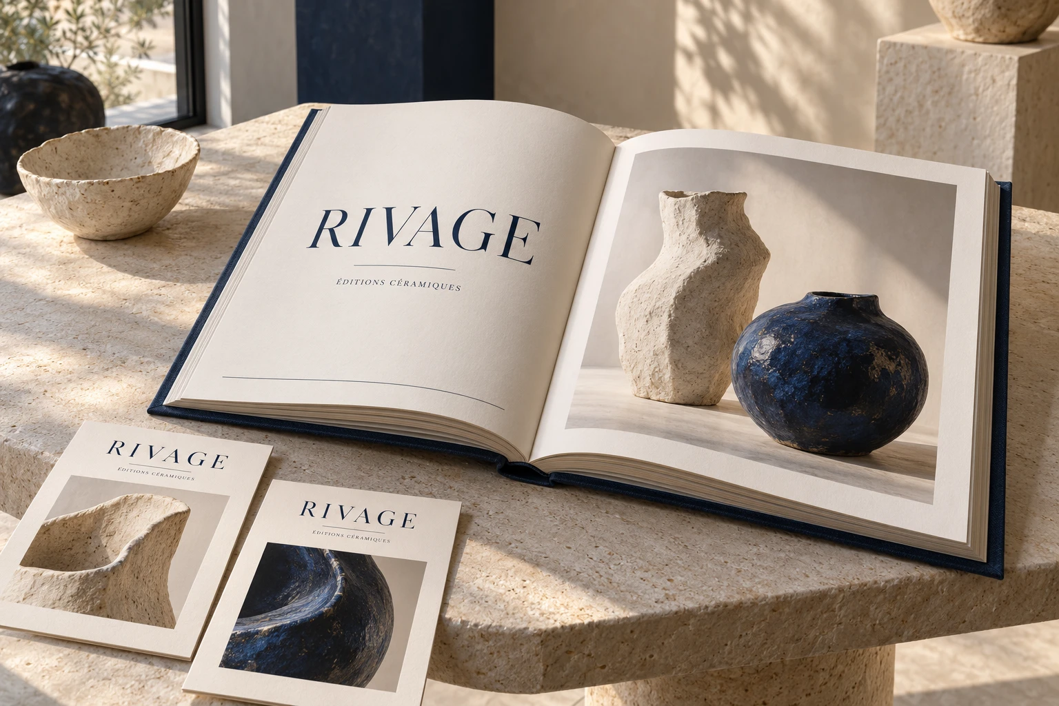 Édition conceptuelle RIVAGE, catalogue de céramique ouvert et papeterie