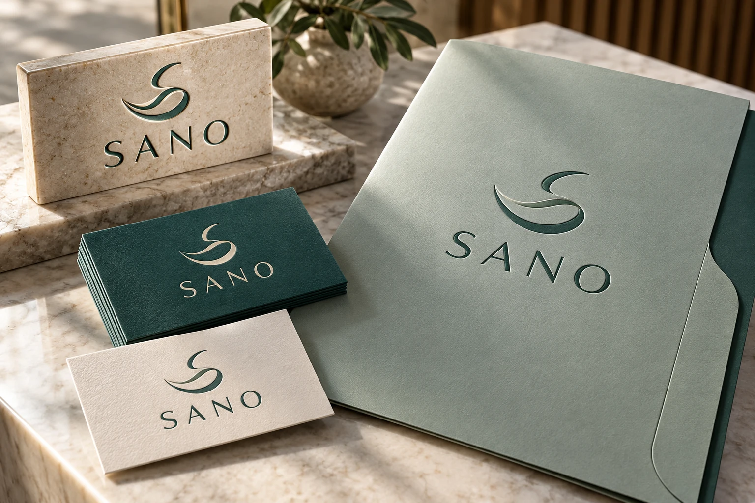 Identité conceptuelle SANO : logo vert, cartes de rendez-vous et dossier de cabinet dentaire
