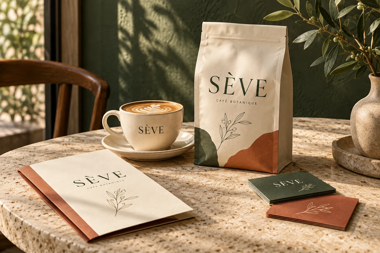 Identité conceptuelle SÈVE sur tasse, sac et papeterie dans une nature morte photographique