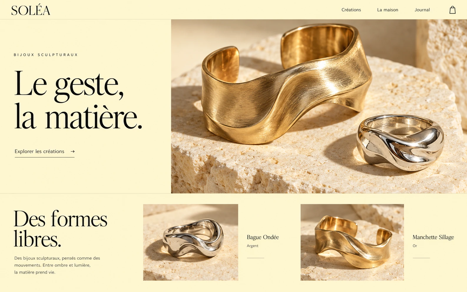 Interface e-commerce SOLÉA à plat, collections et macros de bijoux