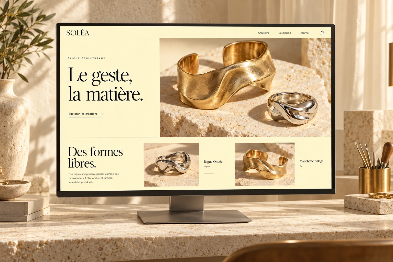 Boutique conceptuelle SOLÉA sur écran avec photographie de bijoux sculpturaux