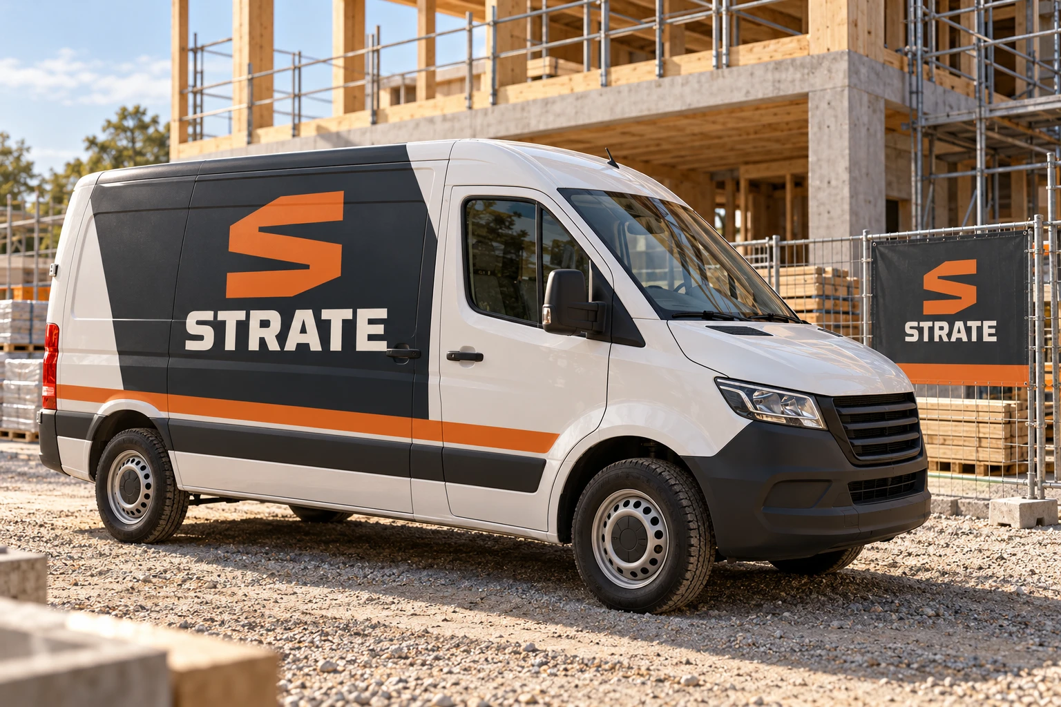 Application conceptuelle STRATE sur véhicule d’entreprise dans un chantier architectural