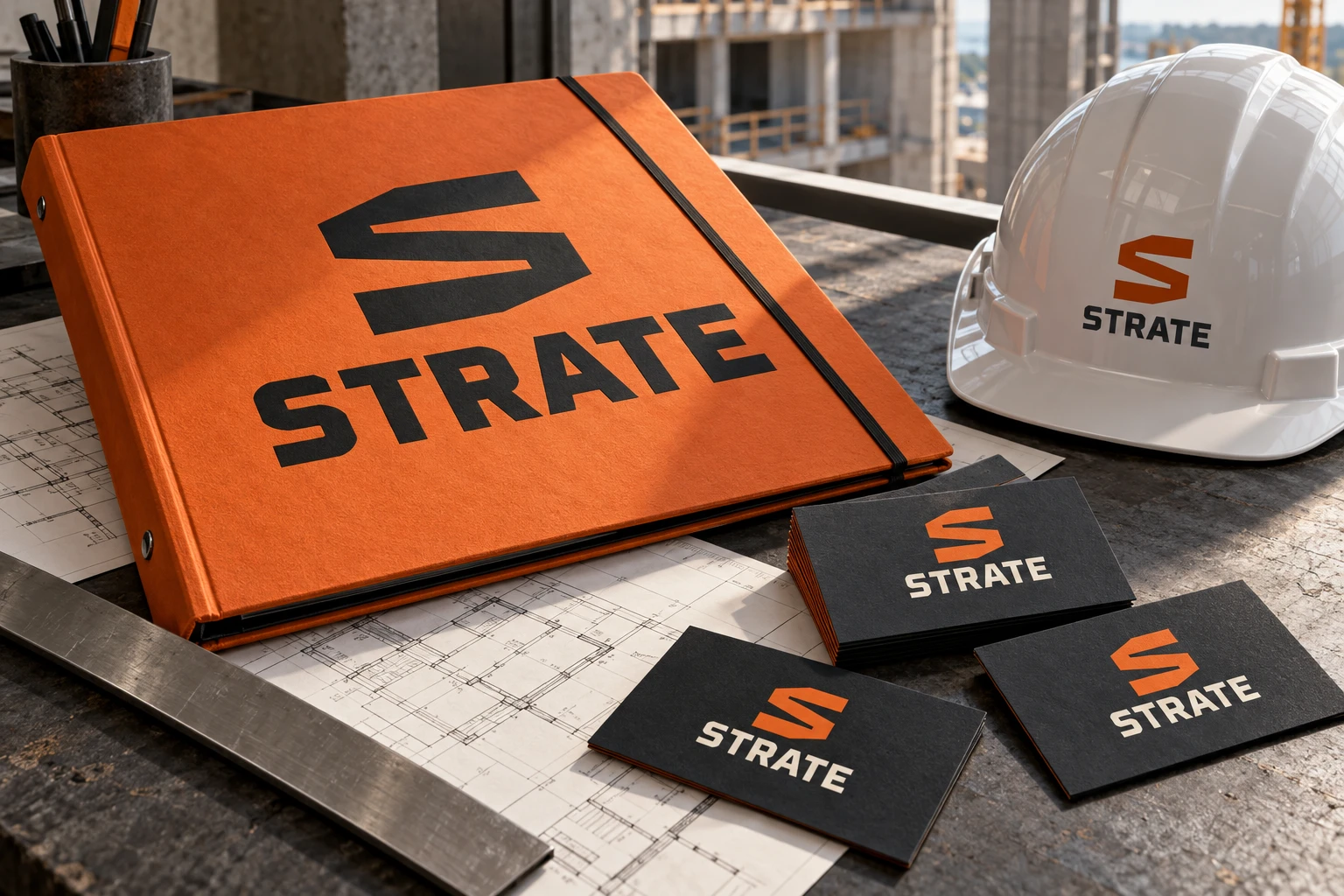 Logo conceptuel STRATE et identité BTP orange et anthracite sur dossier, plans et casque de chantier