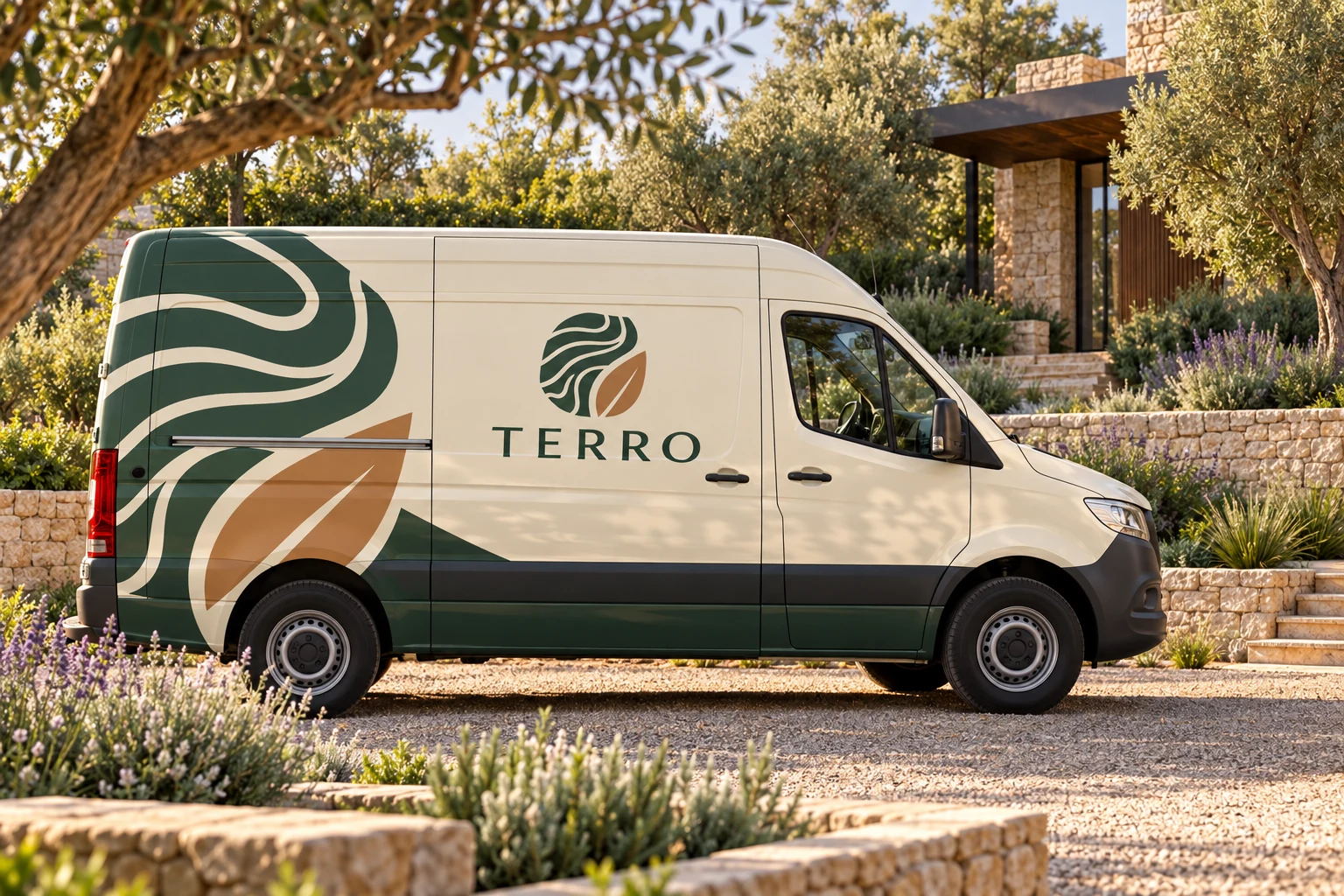 Utilitaire illustratif de paysagiste devant un jardin architectural avec marque TERRO
