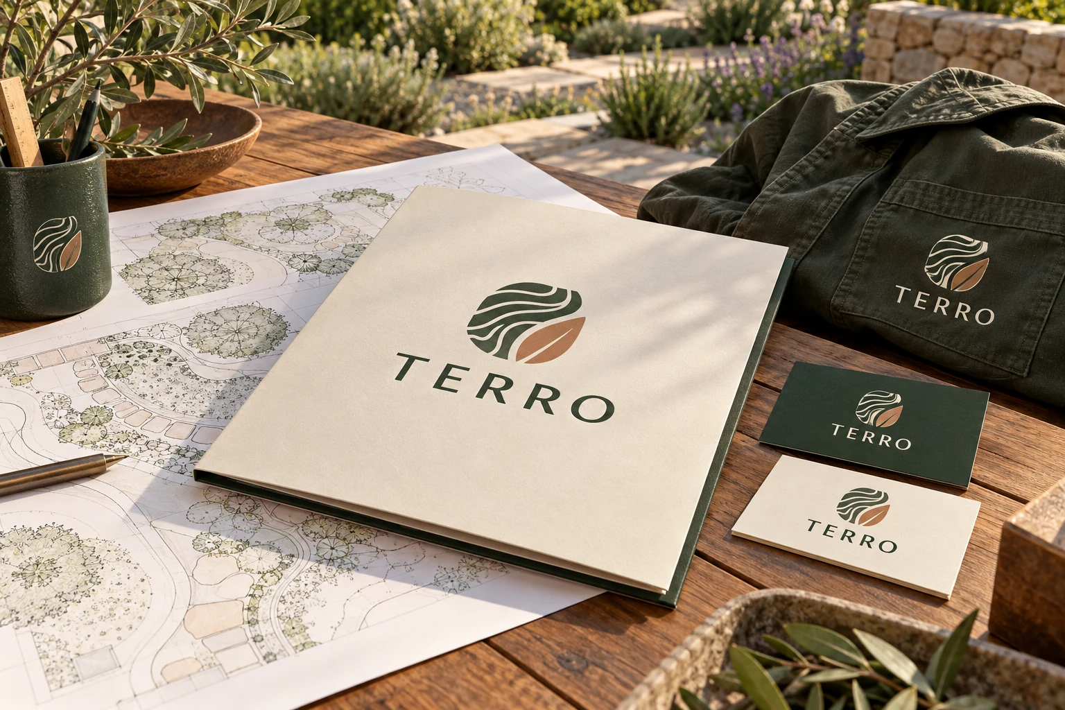 Identité conceptuelle TERRO : logo de paysagiste, pochette de plans, cartes et textile