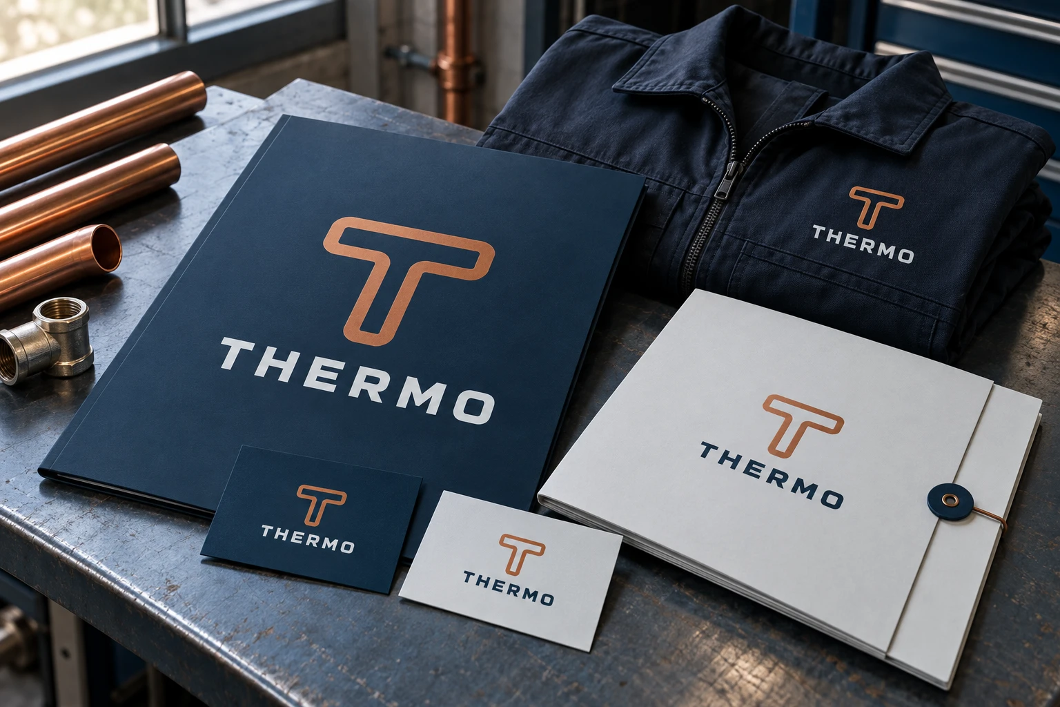 Identité conceptuelle THERMO bleu nuit et cuivre sur dossier, cartes et vêtement professionnel