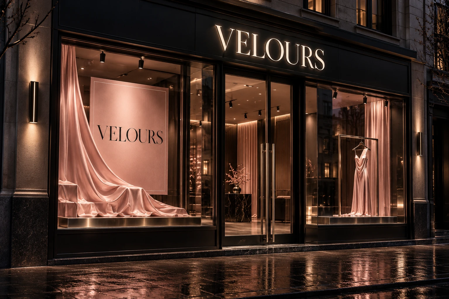 Devanture nocturne conceptuelle VELOURS avec enseigne et identité de mode assortie