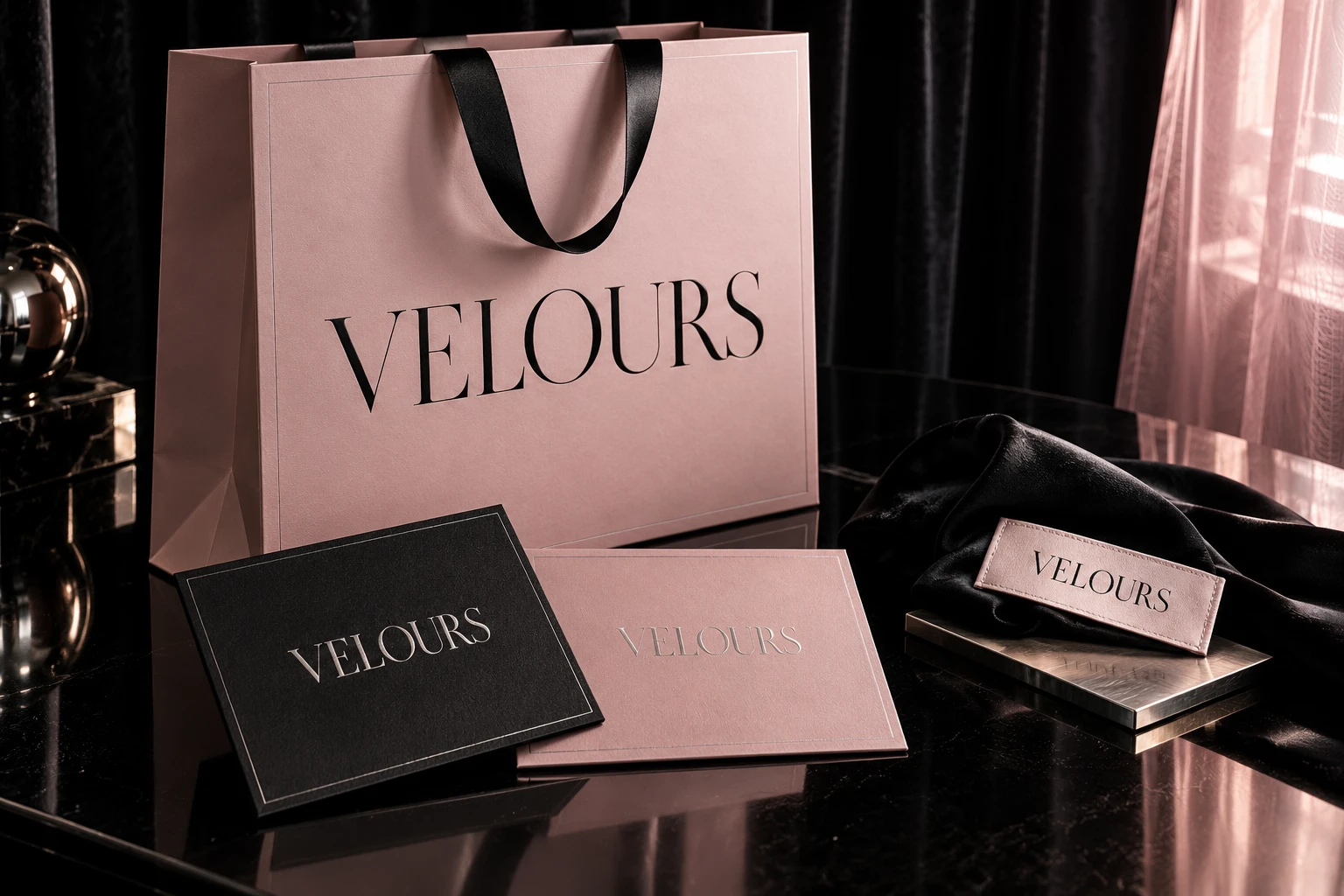 Identité conceptuelle VELOURS sur étiquette textile, papeterie et sac de boutique