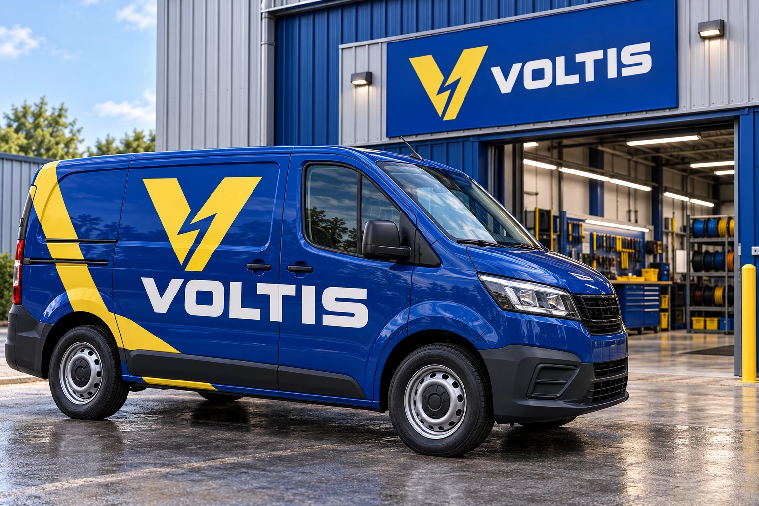 Identité conceptuelle VOLTIS appliquée à un véhicule professionnel et à sa signalétique