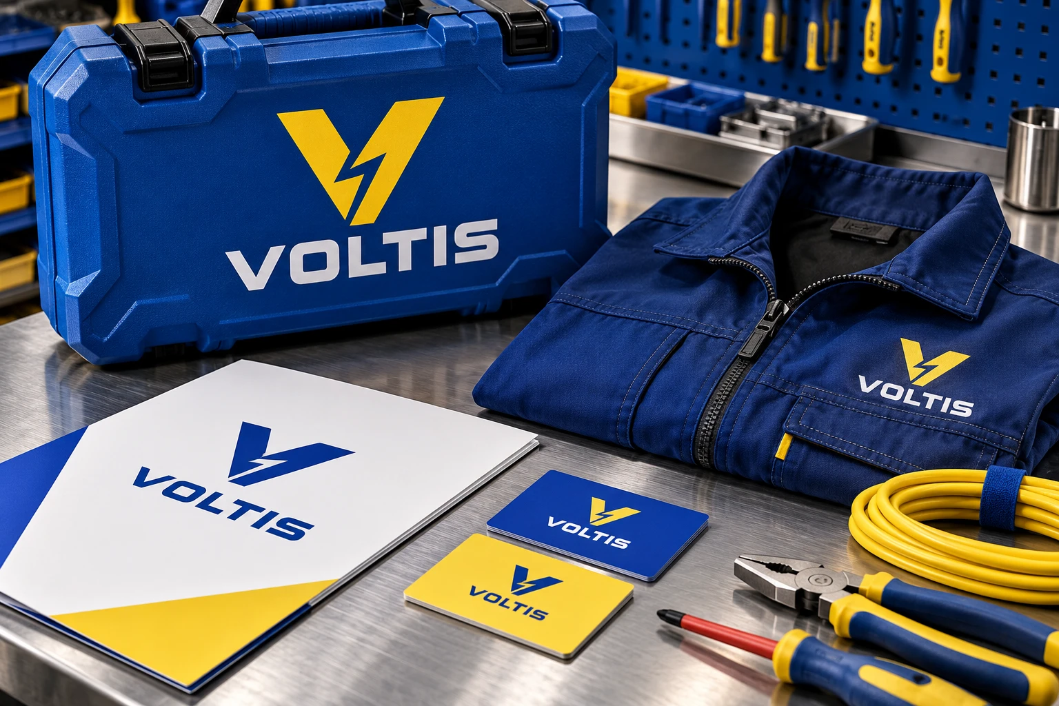 Logo conceptuel VOLTIS bleu et jaune sur cartes et supports de métier d’électricien